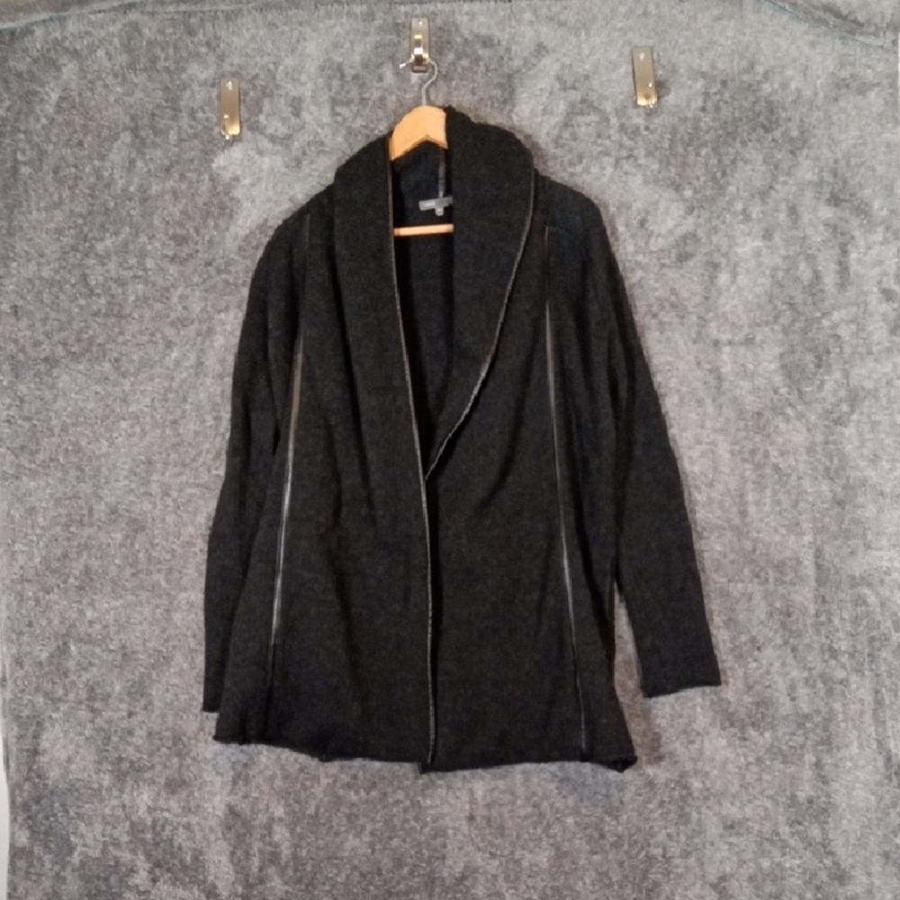 Vince Black Shawl Collar Upper Leather Trim Wool Yak Alpaca Blend Womens Xs/TP